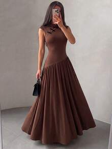 NOVVYNE Coffee Brown New Chinese Style Cheongsam Dress, Mandarin Collar Frog Button Knot Cap Sleeve Fitted Waist Pleated Flowy Maxi Dress - Brown - View 6