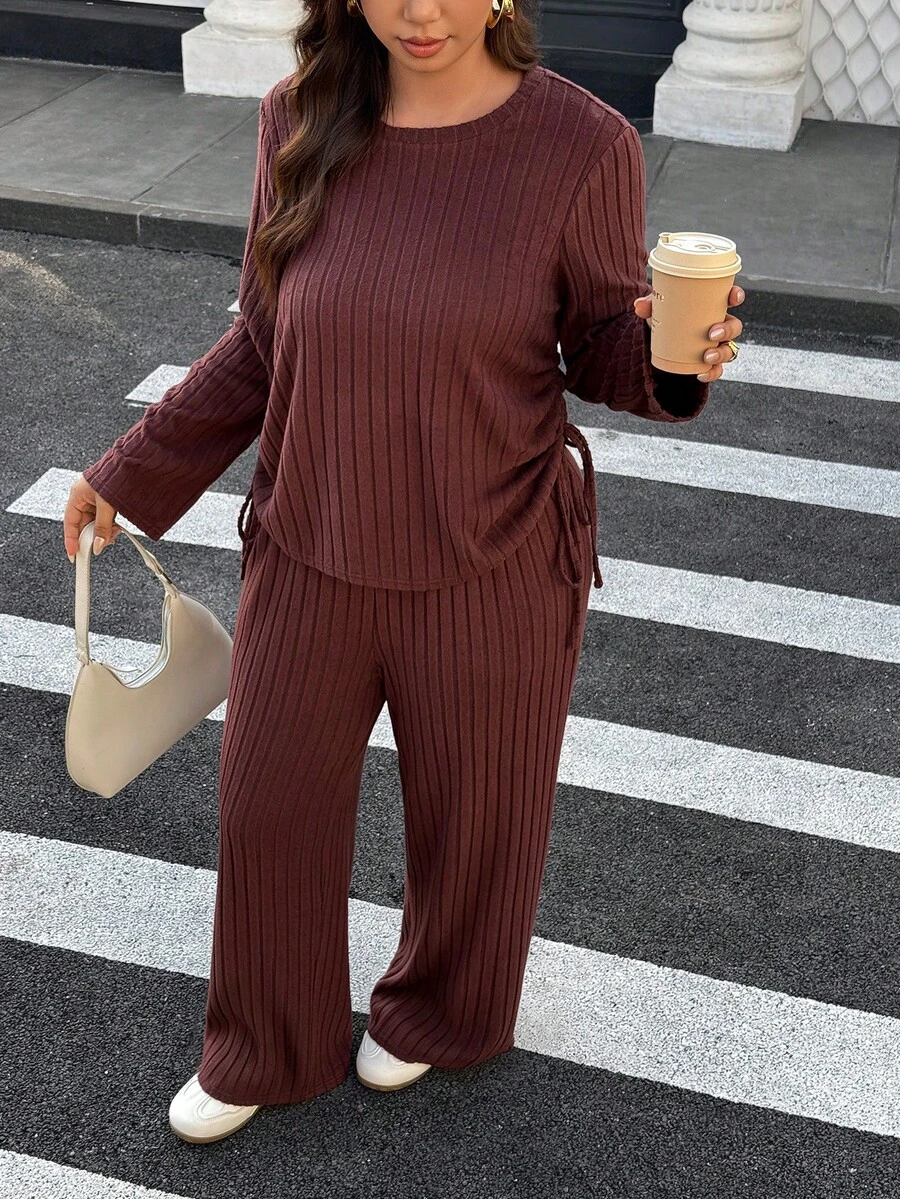 Easura Women's Plus Size Spring/Autumn Long Sleeve Drawstring Ruched Loose T-Shirt & Straight Leg Ribbed Brushed Elastic Pants 2-Piece Set, Suitable For Home And Daily Wear - Mocha Brown - View 1