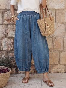 EMERY ROSE EMERY ROSE Celana Jeans Wanita Warna Biru Tua Kasual Musim Gugur Gaya 2000-an, Pinggang Elastis, Model Balon, Potongan Longgar, Kaki Lebar dengan Kantong Samping, Jahitan Panel, untuk Liburan - Biru - View 3