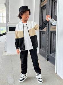 SHEIN 兒童 2件組 青少年男孩對比色休閒寬鬆連帽秋季運動衫 + 對比色休閒運動長褲，抓絨加厚 - 卡其色 - 查看 3