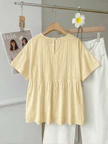 SHEIN EZwear 100%純棉奶油黃編織女款襯衫，夏季上衣，適合日常通勤、約會、聚會、秋冬/夏季、聖誕節、新年、感恩節、派對、婚禮、海灘、畢業典禮、時尚、優雅、休閒、外出、約會、預約、通勤、亮面、情人節、優雅、度假、假期 - 淡黃色 - 查看 2