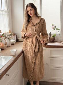 Snug Reverie Long Sleeve Patchwork Wood Ear Trim Floral Velvet Long Robe, Autumn/Winter - Khaki - View 3