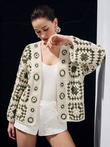 SHEIN 女款鉤編幾何圖案蝙蝠袖寬鬆針織開襟衫，度假、海灘、外出、夏威夷、度假風、和服款，秋季橄欖綠波希米亞風 - 彩色 - 查看 3