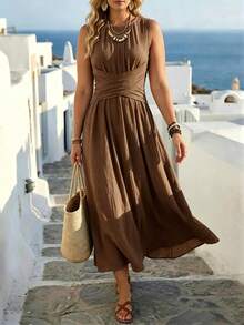 SHEIN LUNE CURVE Plus-Size Women's Casual Round-Neck Blue Sleeveless A-Line Dress, With A Zipper At The Back, Featuring A Crossed Waist Design, Minimalist Style That Exudes Elegance, Suitable For Daily Wear, Afternoon Tea, Casual Gatherings, And Light Business Commuting. - Coffee Brown - View 3