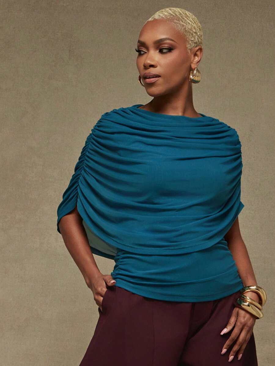 Vixey Women's Solid Color Design Pleated Cape Top, Summer/Spring Elegant Top, Office Work Wear, Chic Top, Everyday Blouse, Effortless Style - Dark Green - View 1