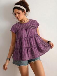 Freevana Plus Size Ruffle Hem Summer Casual Plaid Shirt - Purple - View 4