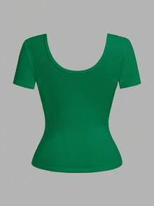 Slaydiva Plus Size Women Solid Color Ruched Fitted Versatile Daily Casual Short Sleeve T-Shirt - Green - View 2