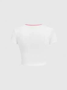 My Little Pony X SHEIN Kaos Crop Top Wanita Kasual Musim Panas dengan Motif Kartun - Putih - View 2
