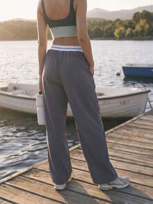 WanderVale Women's Woven Low-Stretch Solid Color Patchwork Waist Casual Long Pants - Dark Grey - View 6