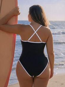 Swim SPRTY 2026新款女士极简主义吊带加大码连体泳衣，适合海滩度假、春夏穿着 - 黑與白 - 查看 2