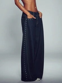 Normani Women's Fashion Studded Button Pocket Loose Fit Denim Jeans Fall Teacher Nightout Pants Navy Blue Y2k Casual - Dark Wash - View 6