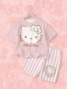HELLO KITTY AND FRIENDS | SHEIN 青少年女孩圓領短袖可愛卡通印花休閒夏季百搭T恤套裝 - 白色 - 查看 1