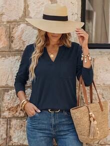 EMERY ROSE Notched Neckline Pocket Patched Tee Fall Cloth For Women - Royal Blue - View 1