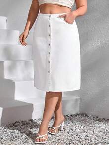 Breezaya Plus Size White Denim Skirt With Front Buttons - White - View 5