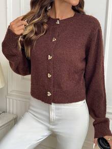 SHEIN Clasi Casual Solid Color Short Hollow-Out Knit Cardigan In Fall/Winter - Brown - View 8