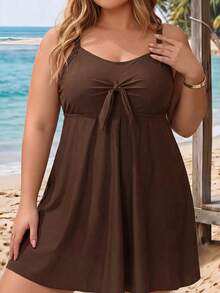 SHEIN CURVE+ Set Bikini Tank Top 2 Potong Motif Polkadot Seksi Terbaru Musim Panas 2026 untuk Pantai, Menutupi Perut, Cocok untuk Liburan Pantai - Coffee Brown - View 6