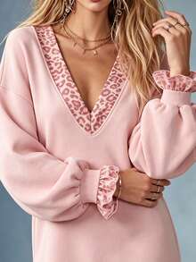 LUMIGAL Women's Autumn/Winter New Leopard Print Long Sleeve V-Neck Sweatshirt, Women's Long Sweatshirt, Ruffle Design, Fashionable And Versatile - Multicolor - View 6