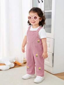 SHEIN Baby Girl Woven Solid Color Floral Pattern Overall Romper - Dusty Pink - View 2