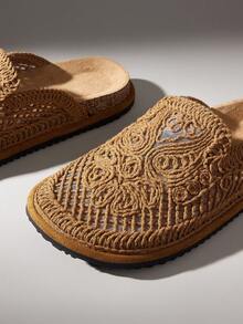 Solecia Women's Flat Bottom Round Toe Embroidery Thread Casual Beach Vacation Shoes - Brown - View 3
