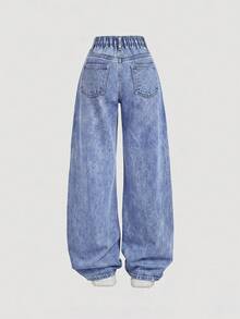 SHEIN Girlism 女童秋冬塗鴉熊圖案藍色牛仔刷毛內裡寬鬆長褲休閒款 - 藍色 - 查看 5