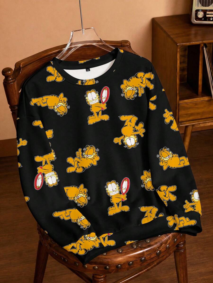 GARFIELD | SHEIN Plus Size Women's Cartoon Print Crew Neck Long Sleeve Sweatshirt - White - View 1