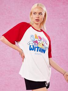 HELLO KITTY AND FRIENDS | SHEIN T-shirt décontracté avec manches raglan contrastantes à imprimé dessin animé et lettre graphique pour l'été - Blanc - Voir 4