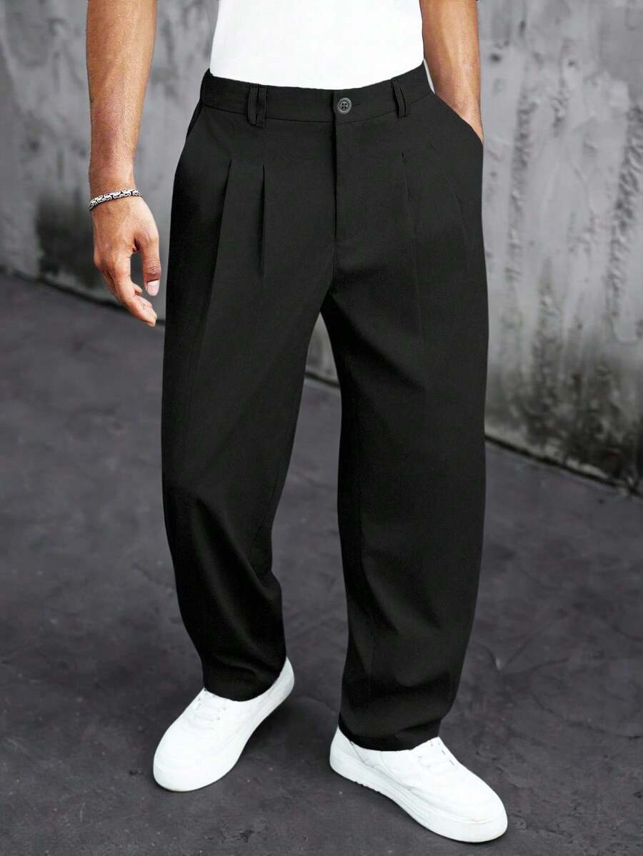 Manfinity Homme Men's Plus Size Solid Color Pleated Pocket Casual Versatile Daily Travel Long Pants - Black - View 1