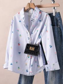 SHEIN 1件女童韓系清新碎花襯衫，適合校園、旅行、日常通勤穿搭，春秋薄款條紋底色全印彩色小花，寬鬆翻領長袖百搭襯衫 - 藍色 - 查看 3