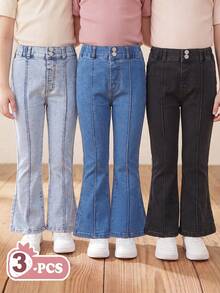 Celana Jeans Denim 3pcs/Set untuk Anak Perempuan, Multi-Warna Slim Fit Stretch Flare Leg Gaya Kasual Dasar, Cocok untuk Semua Musim, Liburan dan Pakaian Sehari-hari - MultiWarna - View 3