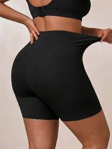 SHEIN BAE CURVE 大码女式纯色高腰休闲百搭日常塑形短裤 - 黑色 - 查看 2