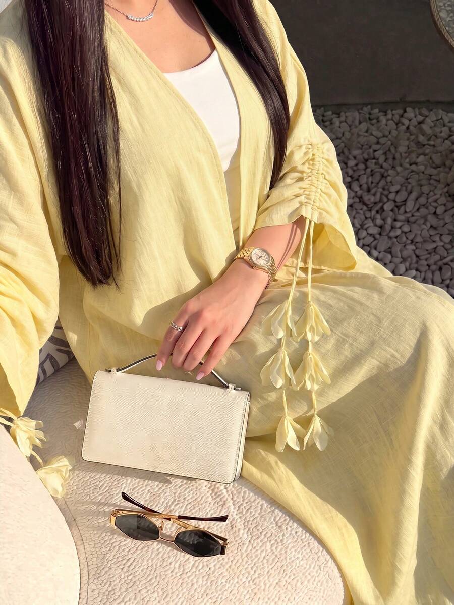 Yasmyna 橄欖綠全棉布料百褶七分袖花卉裝飾女款長袍 - 黃色 - 查看 1