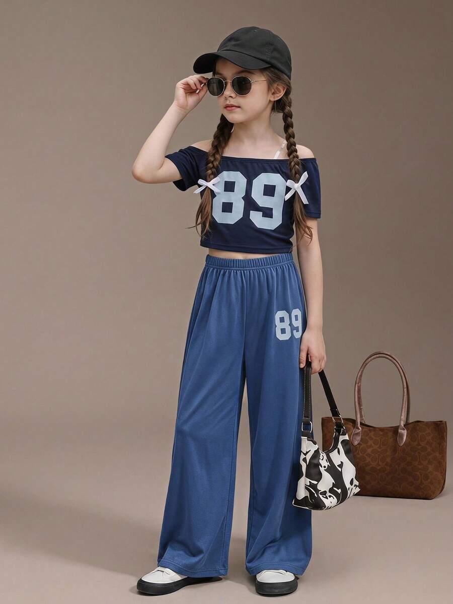 SHEIN Casuvi Kids 2 件套青少年女孩学院风休闲通勤不对称肩短袖和阔腿裤 - 藏蓝色 - 查看 1