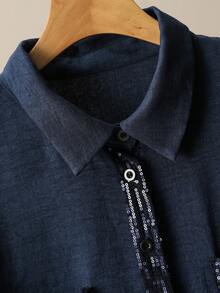 Lacomfia Minimalist Casual Solid Color Patchwork Beaded Shirt Collar Long Sleeve Fitted Regular Shirt And Solid Color Elastic Waist Wide Leg Pants Spring Autumn Plus Size 2-Piece Set - Navy Blue - View 5