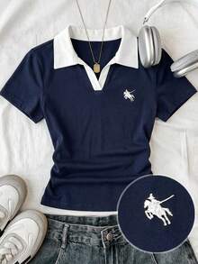 Attitoon Plus Size Women's Equestrian Embroidered Contrast Collar Short Sleeve Casual T-Shirt - Navy Blue - View 6