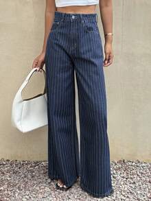 Dazy Tall Women's Striped Loose Straight Leg Vacation Style Denim Jeans Fall - Dark Wash - View 3