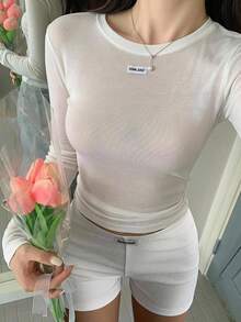Livesso Tall Women's Round Neck Long Sleeve Semi-Sheer Pullover T-Shirt With Woven Label Decoration Fall - White - View 9