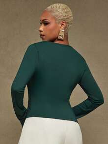 Vixey Sculpting Jersey Boat Neck Ruched Long Sleeve Top, Autumn, Formal Wear, Work Office, Desk To Dinner, Day To Night, Modern Workwear Elegant Dark Green - Dark Green - View 5