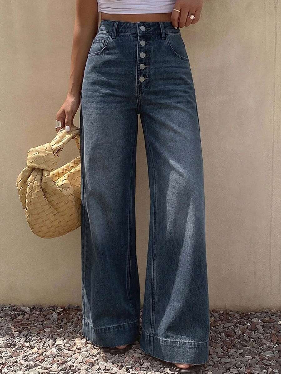 Livesso Women's High Waist Loose Distressed Long Denim Jeans - Dark Wash - View 1