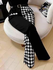 GlowEve CURVE Plus Size Women's Spring/Summer Minimalist Fashion Business Black & White Color Block Straight Leg Pants With Belt - Black - View 4