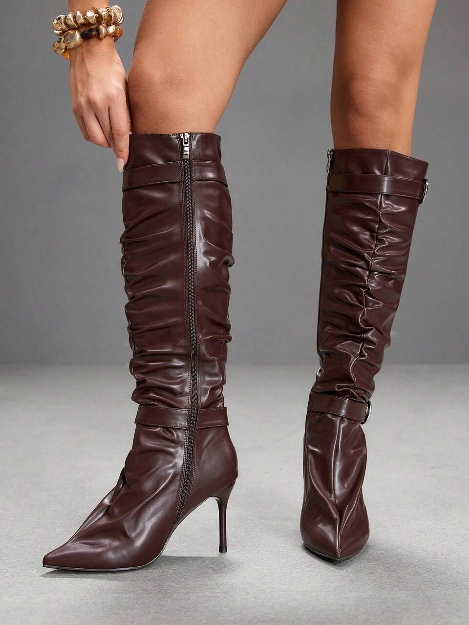 CUCCOO SZL Outdoor Women Pointed Thin Heel Stylish Simple Comfortable Pleated Design PU Fabric Party Nightclub Side Zipper Boots
