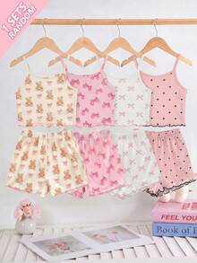 [Randomly Sent 1 Set]Girls Toddler Summer Fashion Bear & Bow Print Camisole Top With Small Heart Pattern All-Over Print Shorts, Ruffle Hem Design, Knitted Fabric, Comfortable & Soft 2-Piece Loungewear Pajama Set, Suitable For Home And Outings, Versatile - Multicolor - View 3