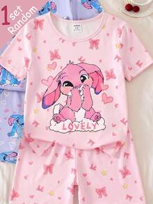 [ Random1 Set ] Young Girls Pajamas,Spring/Summer New Fashion Cute Rabbit,Heart & Bow Print Knit Tight Fit Pink,Fairy,Holiday,Night 2pcs,Snug Fit - Pink - View 4