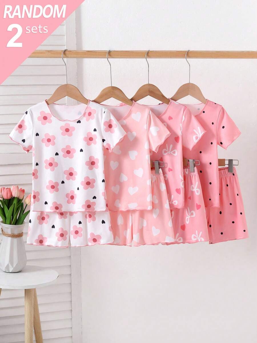 SHEIN 4件組少女可愛蝴蝶結與愛心印花短袖短褲針織睡衣家居服套裝