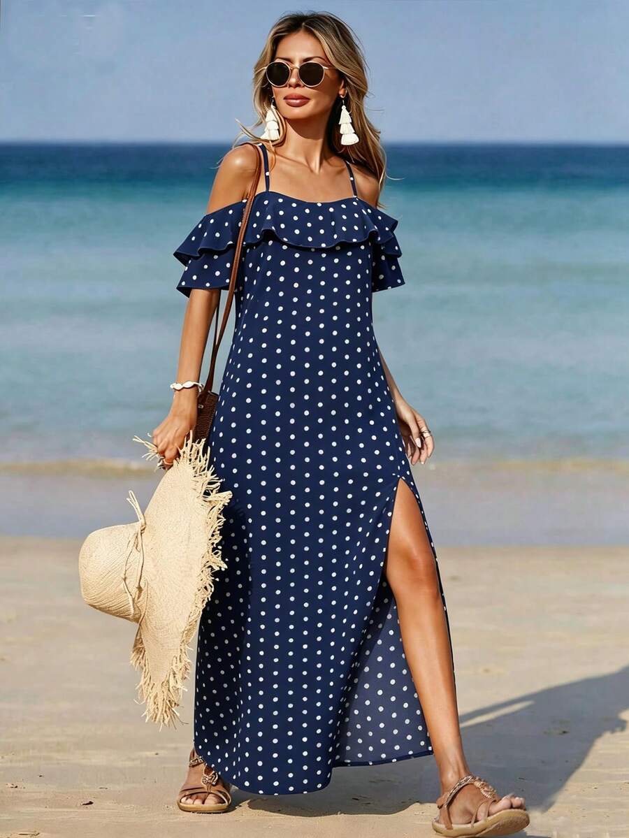 Breezaya Gaun Panjang Wanita untuk Liburan, Model Bahu Terbuka, Motif Polkadot, dan Hem Berumbai - MultiWarna - View 1