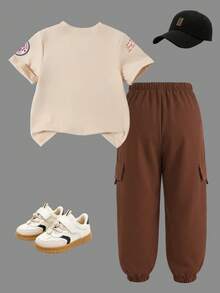 Setelan Baju Anak Laki-Laki 2 Potong Musim Semi/Panas Motif Baru Kaos Lengan Pendek Hitam dengan Celana Panjang Cargo Model Tapered Setelan Kasual Serbaguna - Khaki - View 8