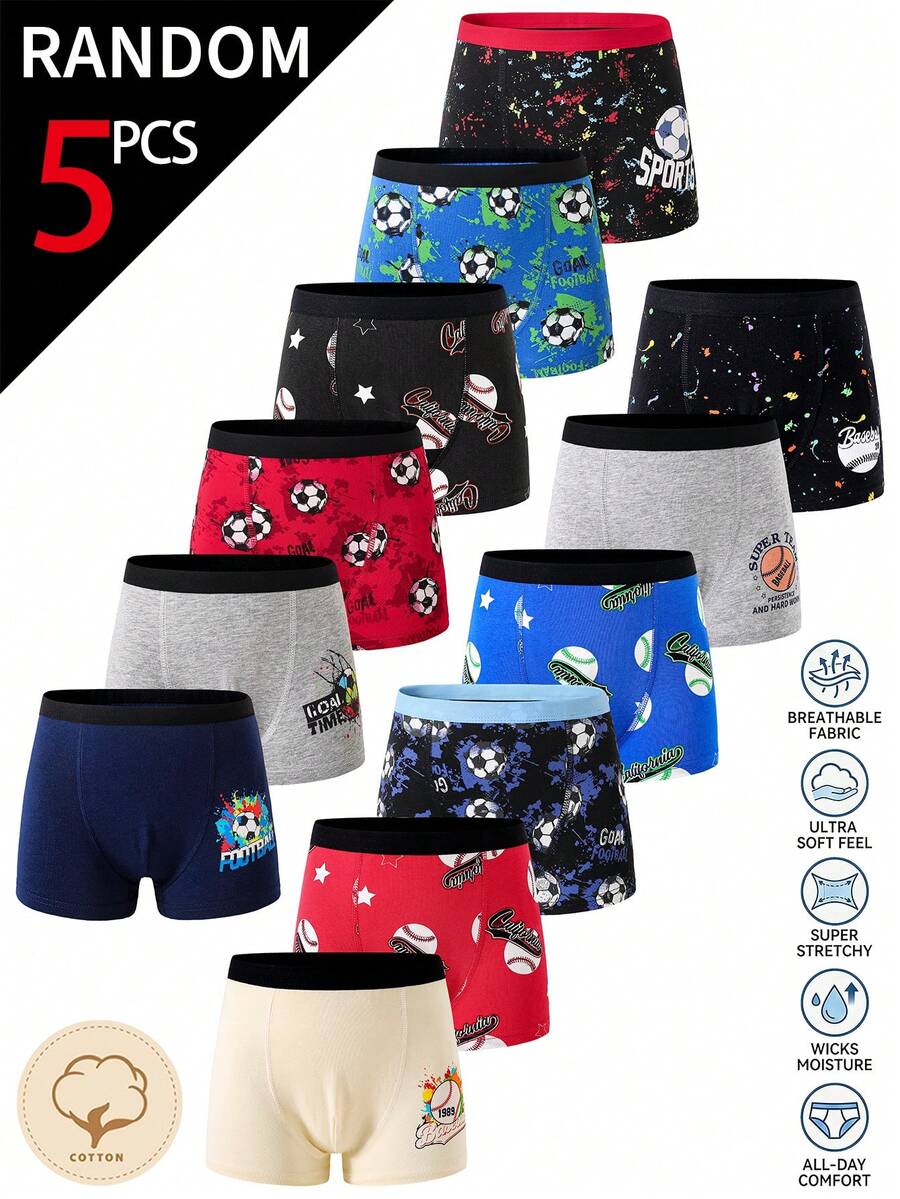 SHEIN 5条/包 男童舒适纯棉内裤,随机印有足球、棒球和彩色图案 - 彩色 - 查看 1