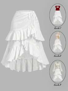 SHEIN MOD Plus Size Women Textured Fabric Layered Ruffle Drawstring Asymmetrical High-Low Skirt Summer Boho Bohemian Vacation Brunch White - White - View 1