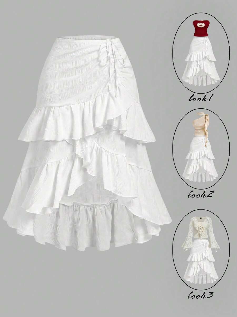 SHEIN MOD Plus Size Women Textured Fabric Layered Ruffle Drawstring Asymmetrical High-Low Skirt Summer Boho Bohemian Vacation Brunch White - White - View 1