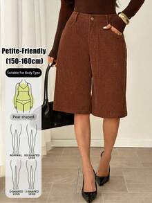 SHEIN PETITE Women's Solid Color Pocket Casual Versatile Knee Length Shorts Bar Daily Work Shades Of Brown Autumn,Shorts For Women,Petite,Office Casual,Vacation - Brown - View 4