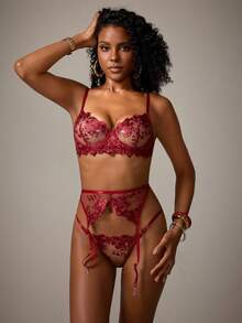 DreamPoppy 1 Set 3pcs Wine Red Lace Lingerie, Comfortable Bra With Underwire, Garter Belt And Panties, Date Night - Red - View 4